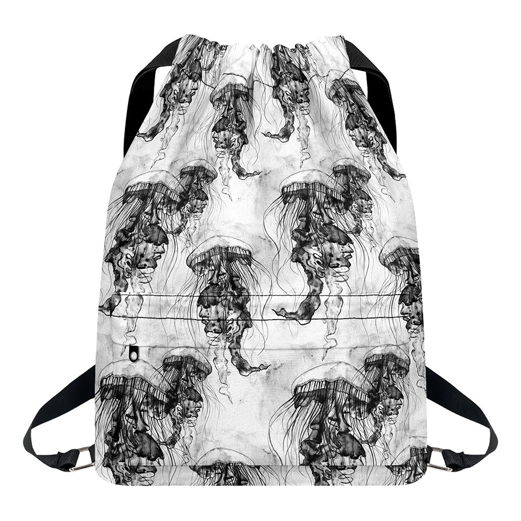 Black And White Jellyfish Pattern Print Drawstring Backpack