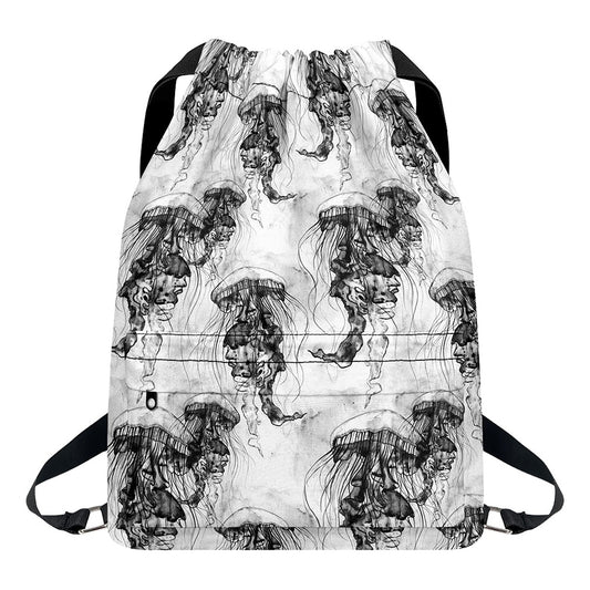Black And White Jellyfish Pattern Print Drawstring Backpack