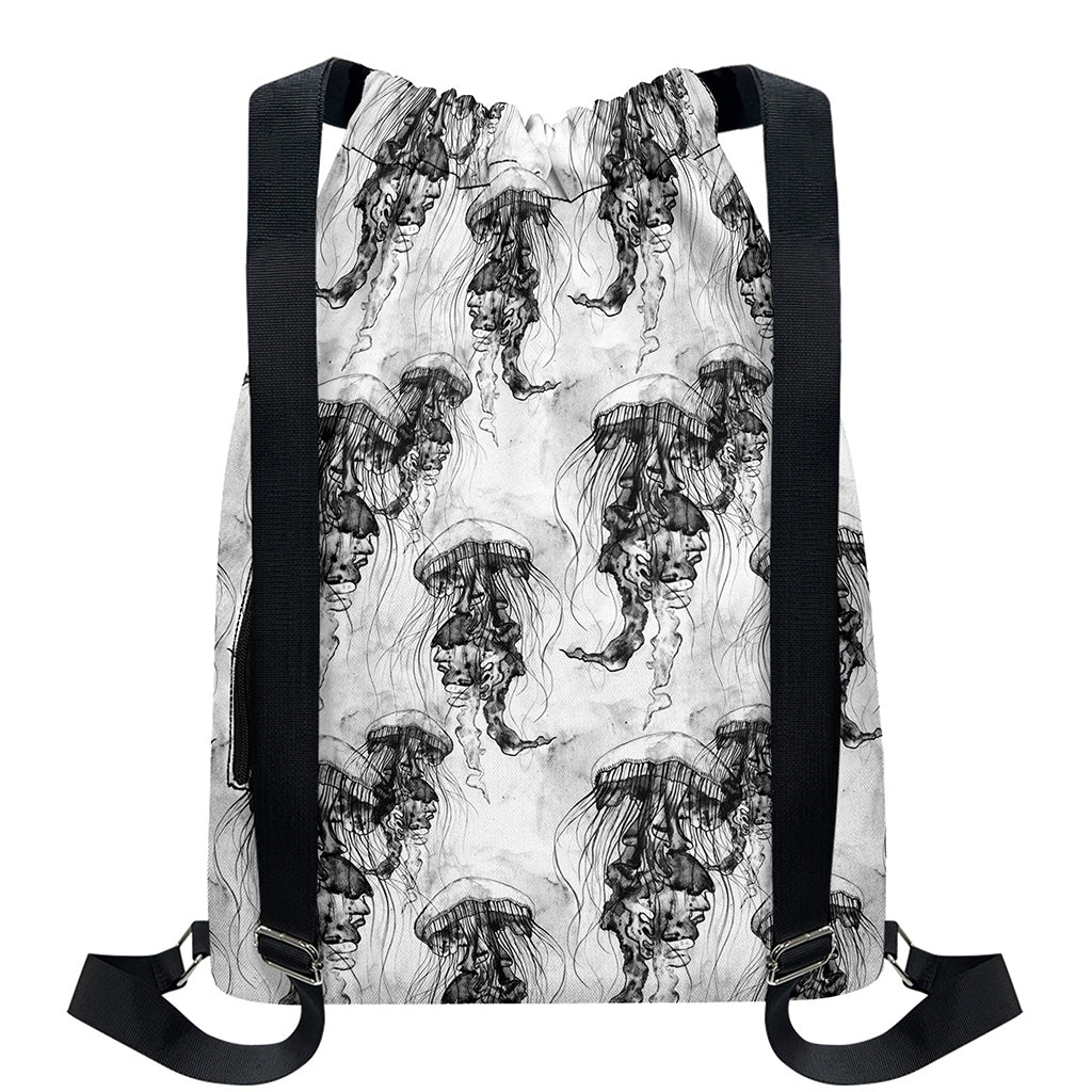 Black And White Jellyfish Pattern Print Drawstring Backpack