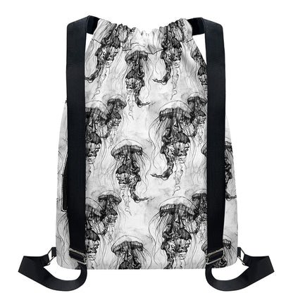 Black And White Jellyfish Pattern Print Drawstring Backpack