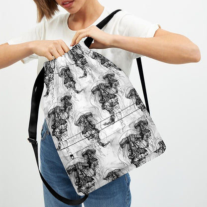 Black And White Jellyfish Pattern Print Drawstring Backpack