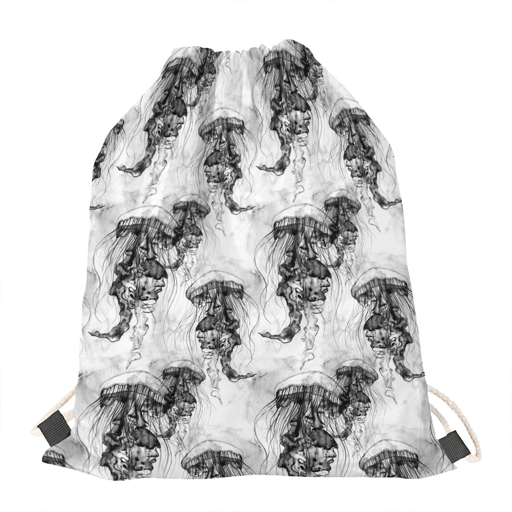 Black And White Jellyfish Pattern Print Drawstring Bag