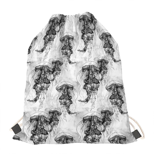 Black And White Jellyfish Pattern Print Drawstring Bag