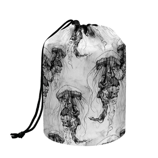 Black And White Jellyfish Pattern Print Drawstring Makeup Bag
