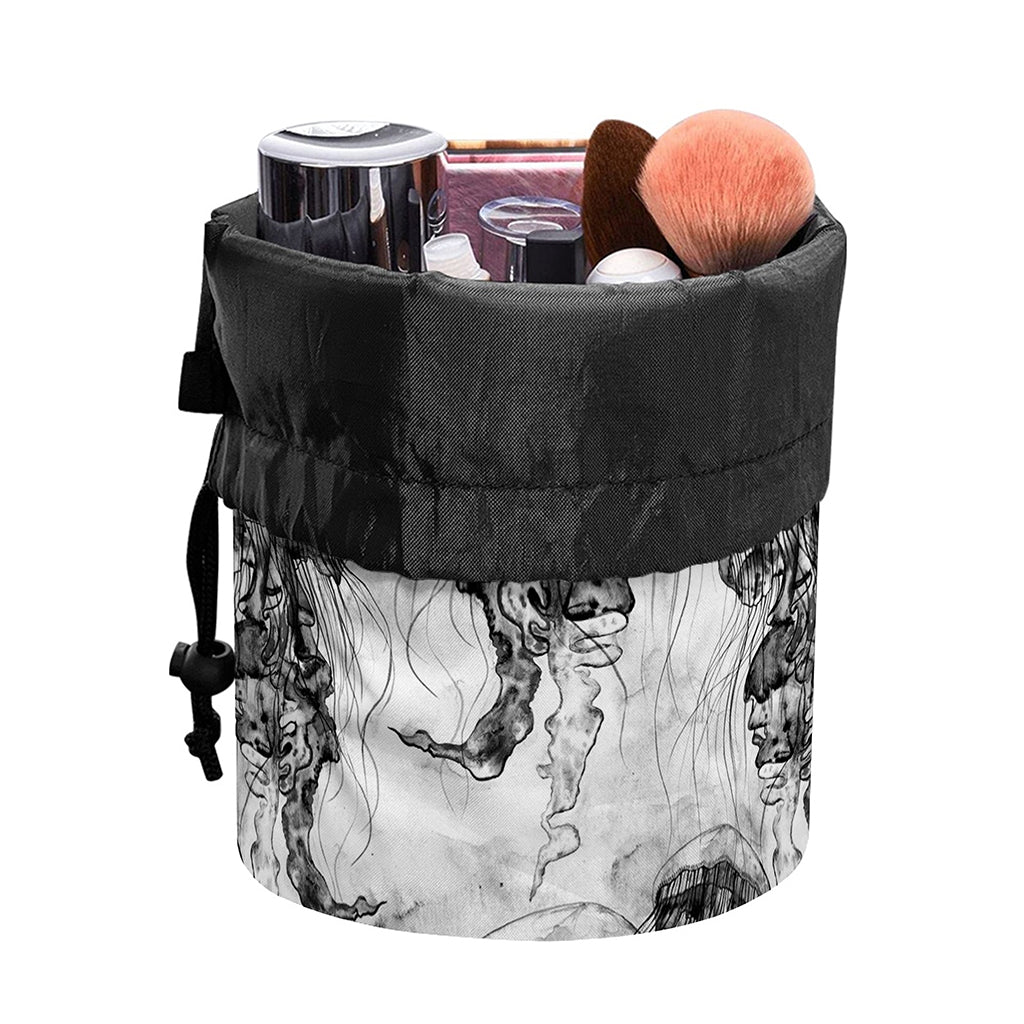 Black And White Jellyfish Pattern Print Drawstring Makeup Bag