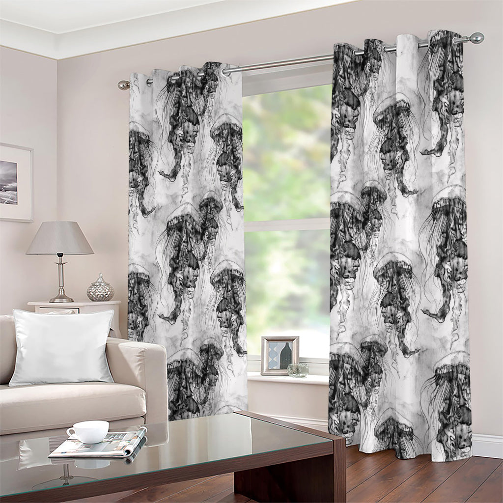 Black And White Jellyfish Pattern Print Extra Wide Grommet Curtains