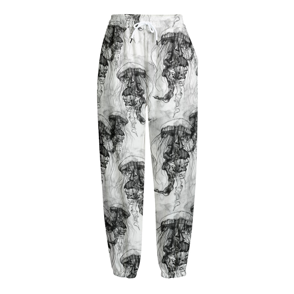 Black And White Jellyfish Pattern Print Fleece Lined Knit Pants