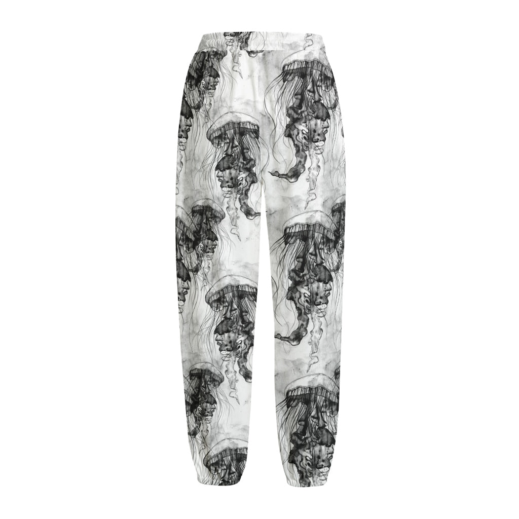 Black And White Jellyfish Pattern Print Fleece Lined Knit Pants