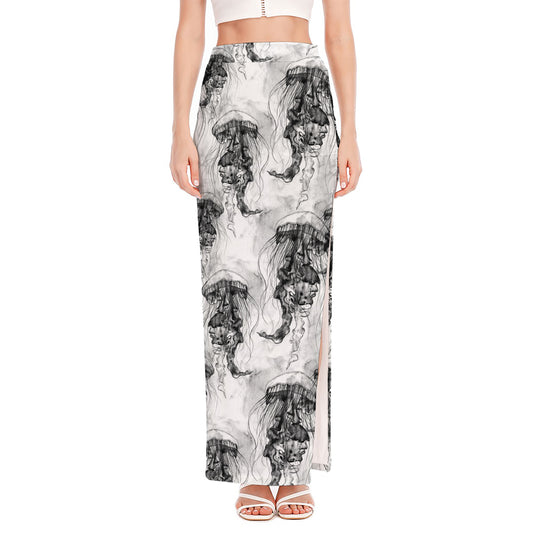 Black And White Jellyfish Pattern Print High Slit Maxi Skirt