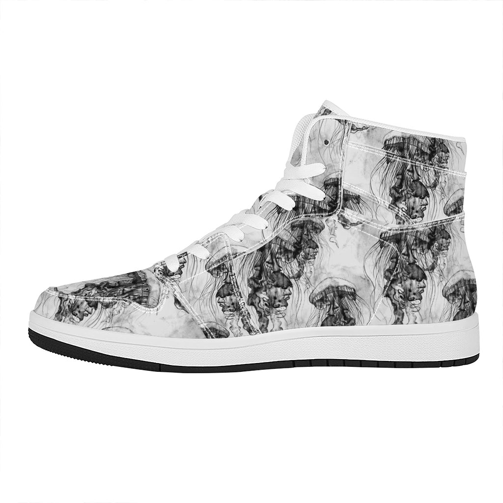 Black And White Jellyfish Pattern Print High Top Leather Sneakers