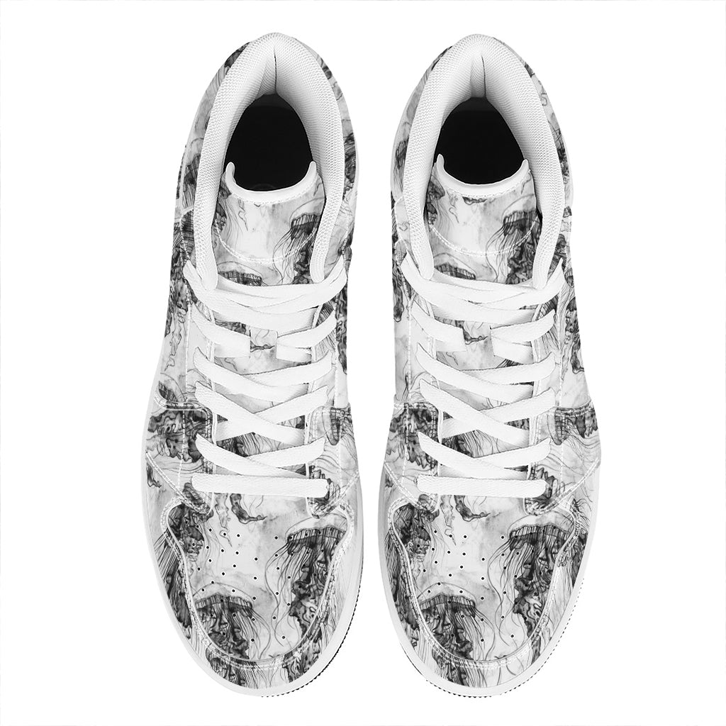 Black And White Jellyfish Pattern Print High Top Leather Sneakers