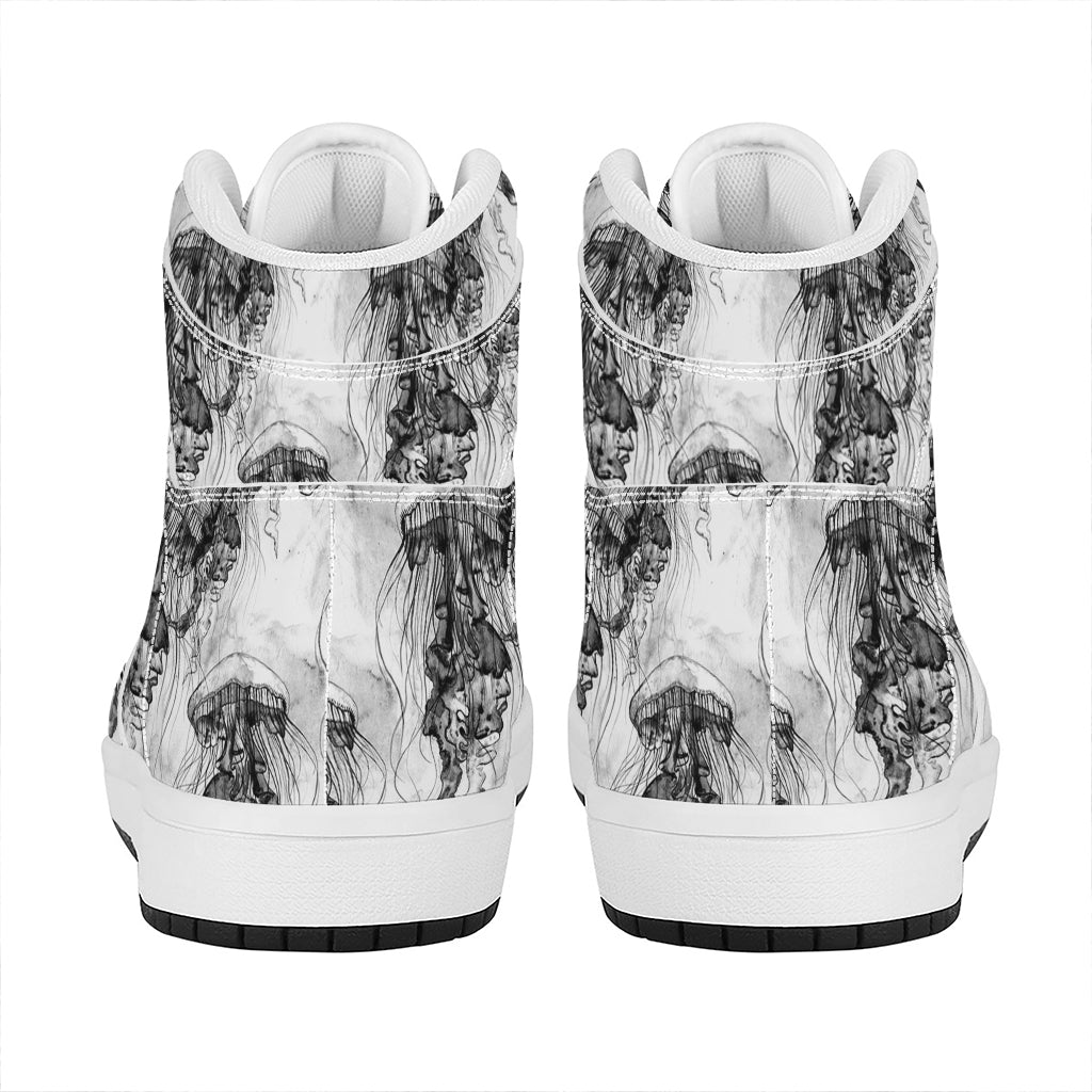 Black And White Jellyfish Pattern Print High Top Leather Sneakers