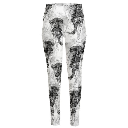 Black And White Jellyfish Pattern Print High-Waisted Pocket Leggings