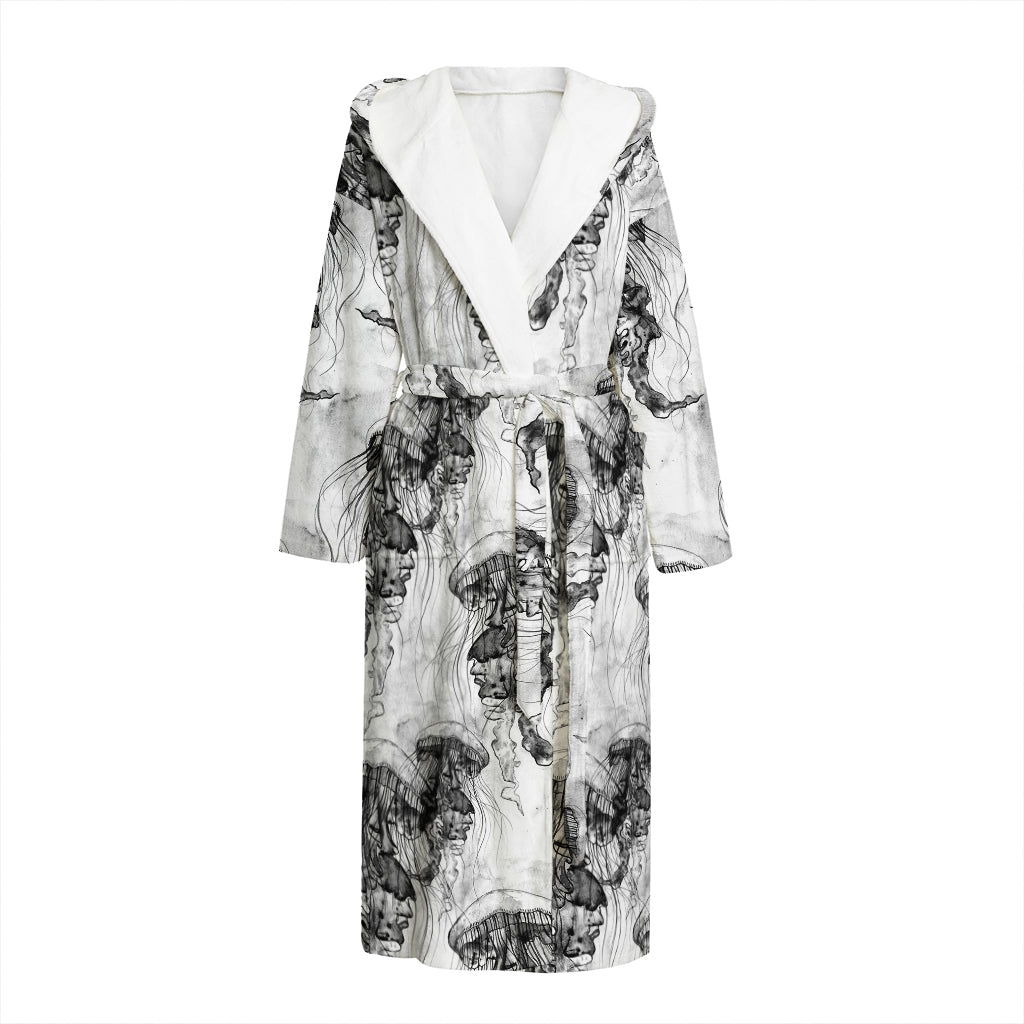 Black And White Jellyfish Pattern Print Hooded Bathrobe