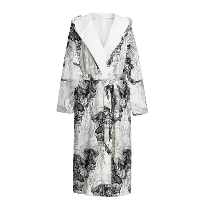 Black And White Jellyfish Pattern Print Hooded Bathrobe
