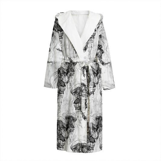Black And White Jellyfish Pattern Print Hooded Bathrobe