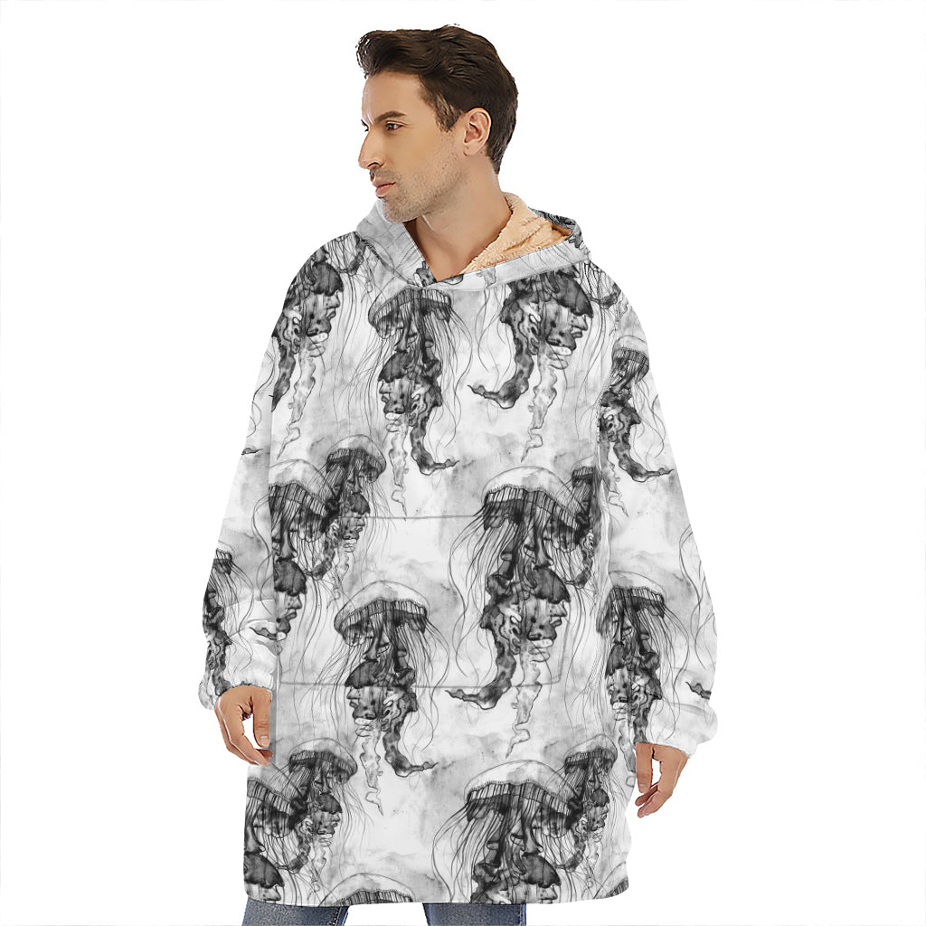 Black And White Jellyfish Pattern Print Hoodie Blanket
