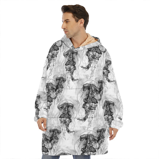 Black And White Jellyfish Pattern Print Hoodie Blanket