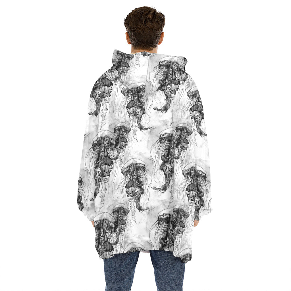 Black And White Jellyfish Pattern Print Hoodie Blanket