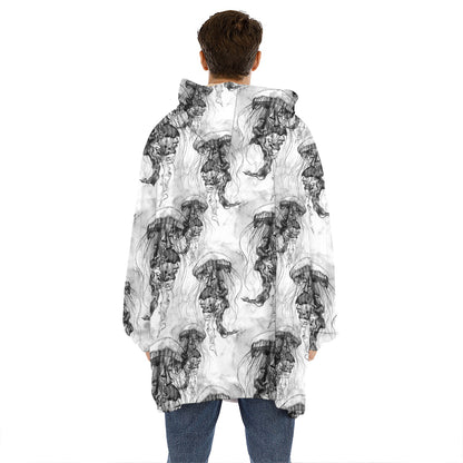 Black And White Jellyfish Pattern Print Hoodie Blanket