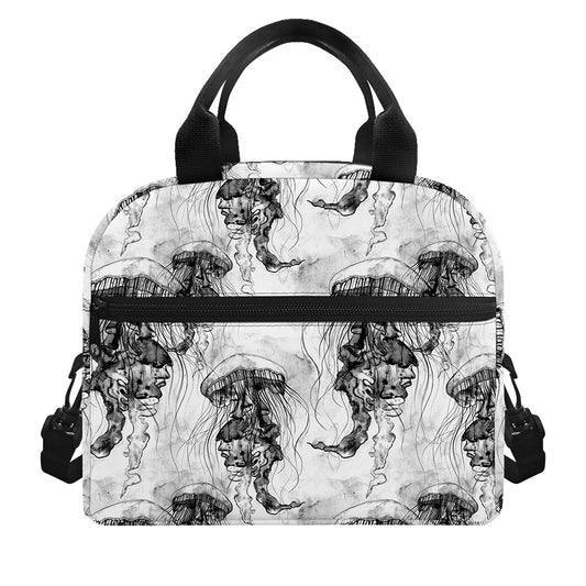 Black And White Jellyfish Pattern Print Insulated Lunch Bag