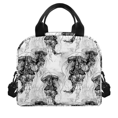 Black And White Jellyfish Pattern Print Insulated Lunch Bag