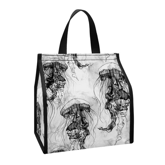 Black And White Jellyfish Pattern Print Insulated Lunch Tote
