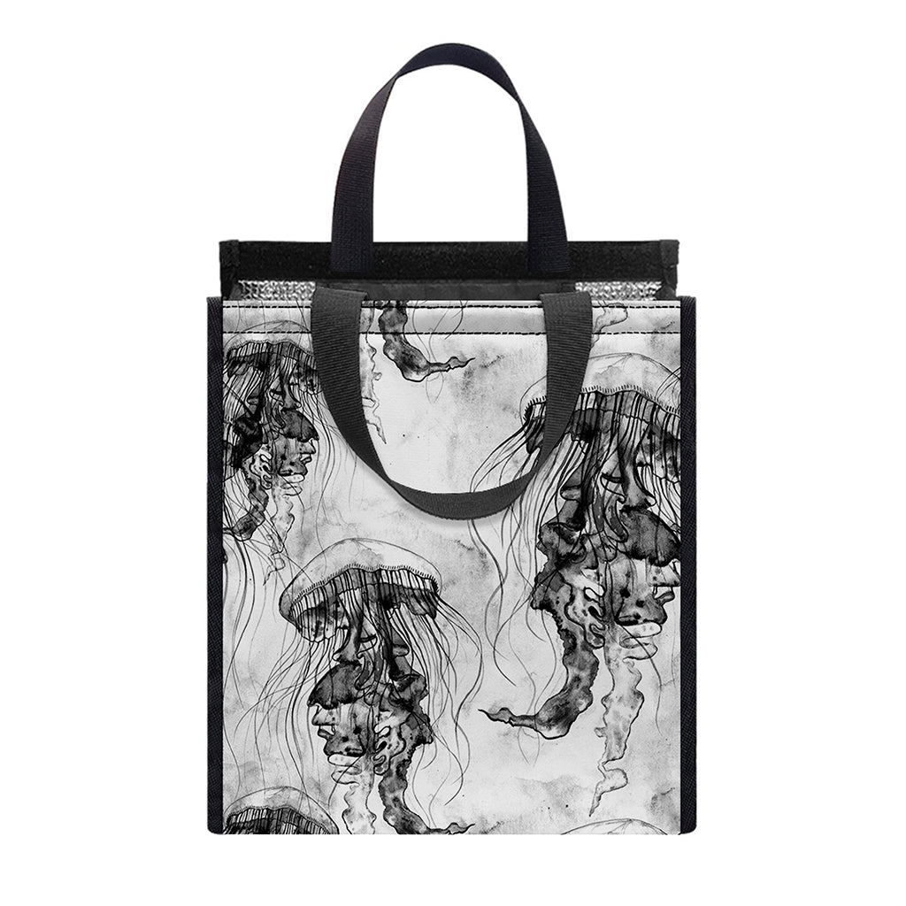 Black And White Jellyfish Pattern Print Insulated Lunch Tote