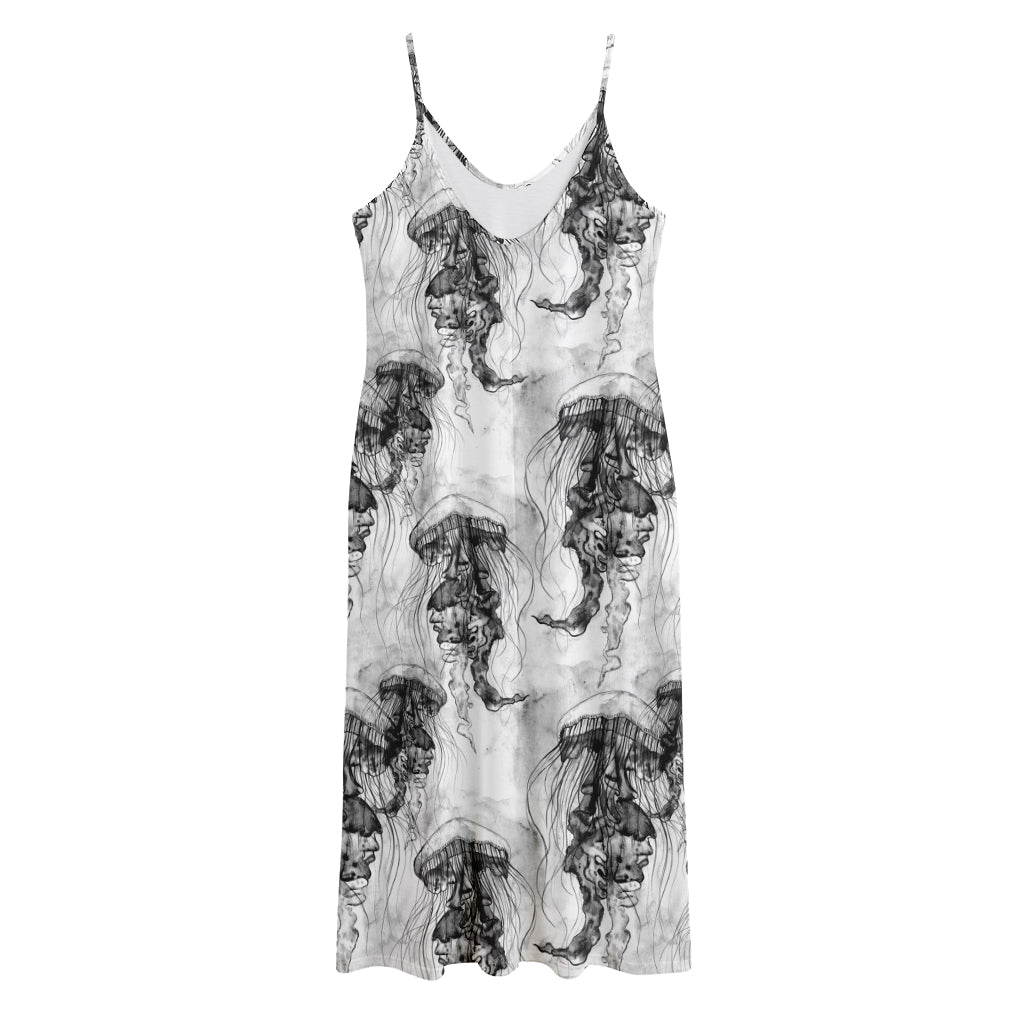 Black And White Jellyfish Pattern Print Jersey Midi Cami Dress