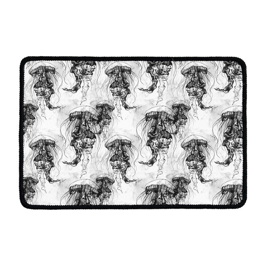 Black And White Jellyfish Pattern Print Kitchen Mat