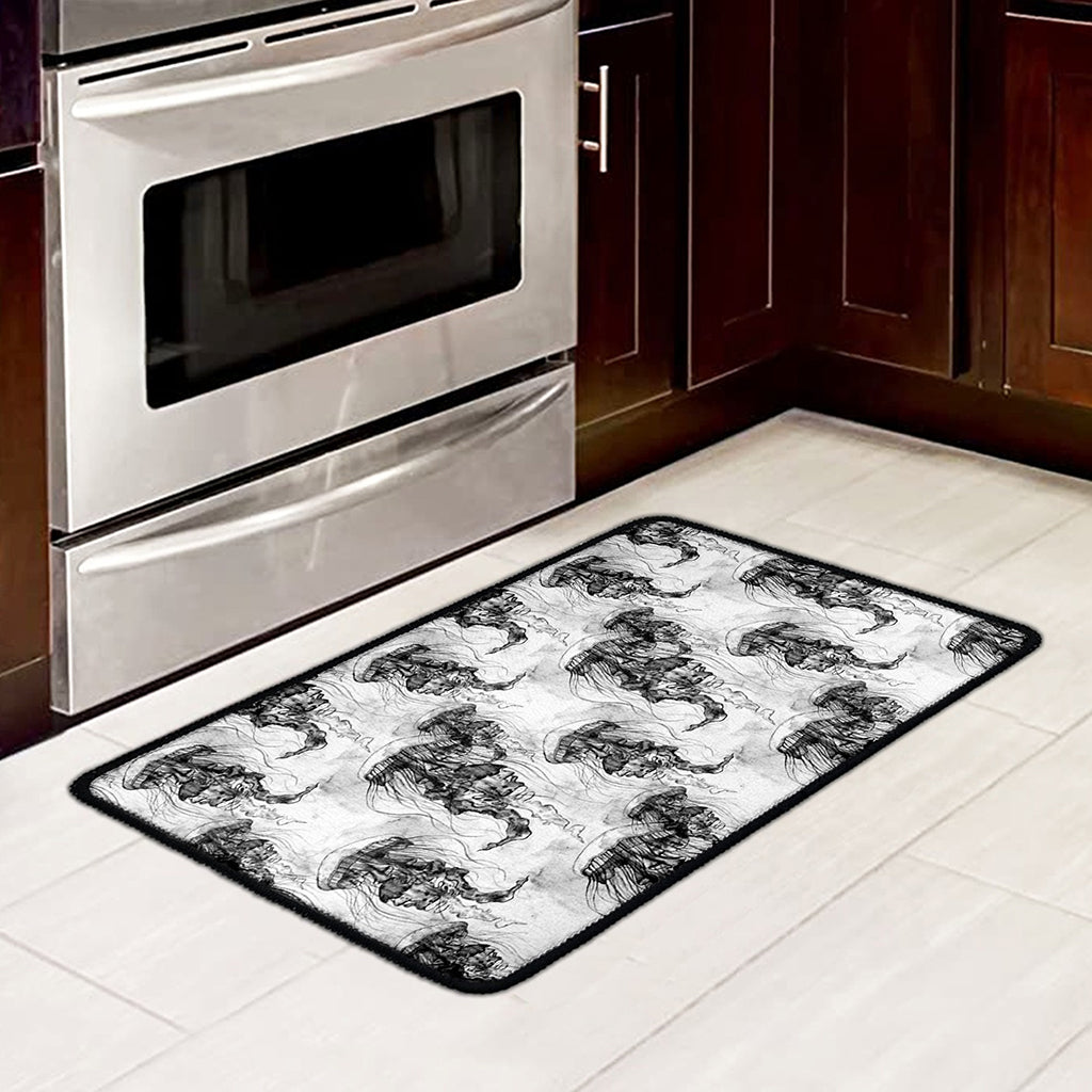 Black And White Jellyfish Pattern Print Kitchen Mat
