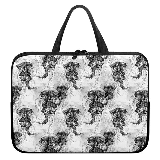 Black And White Jellyfish Pattern Print Laptop Sleeve With Handle