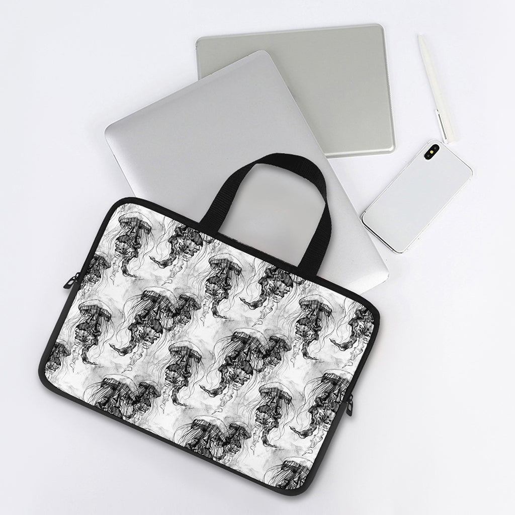 Black And White Jellyfish Pattern Print Laptop Sleeve With Handle