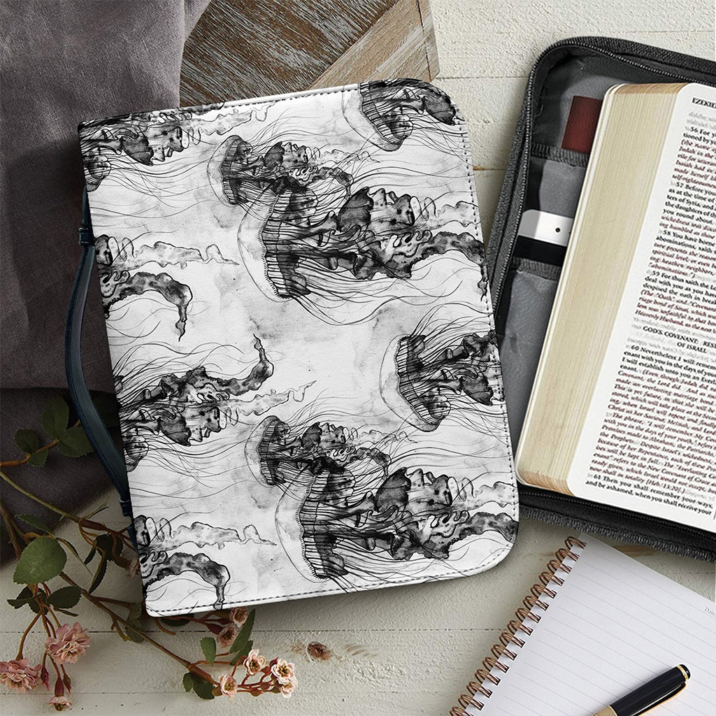 Black And White Jellyfish Pattern Print Leather Bible Cover