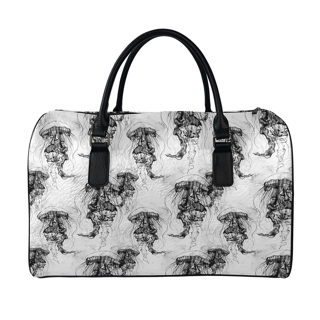 Black And White Jellyfish Pattern Print Leather Duffle Bag