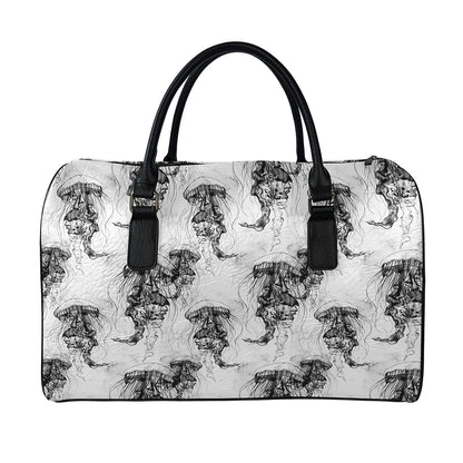 Black And White Jellyfish Pattern Print Leather Duffle Bag