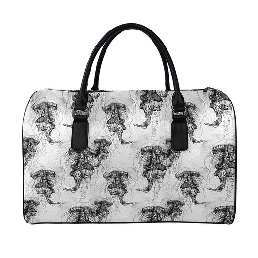 Black And White Jellyfish Pattern Print Leather Duffle Bag