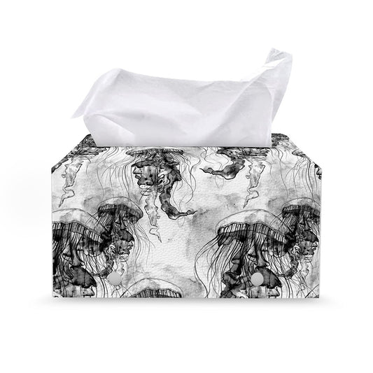 Black And White Jellyfish Pattern Print Leather Tissue Box Cover