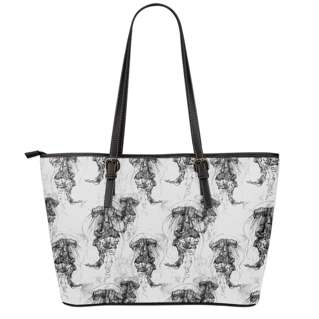 Black And White Jellyfish Pattern Print Leather Tote Bag