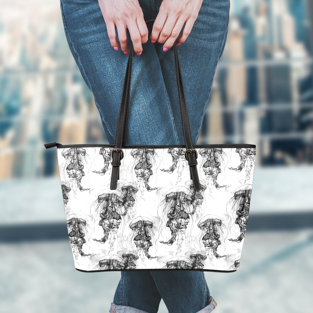 Black And White Jellyfish Pattern Print Leather Tote Bag