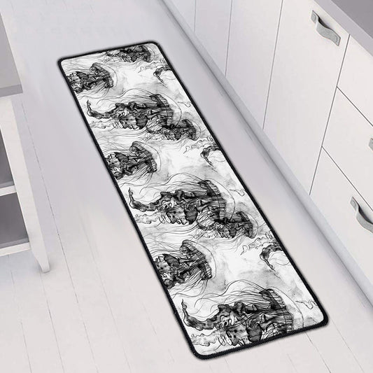 Black And White Jellyfish Pattern Print Long Kitchen Mat