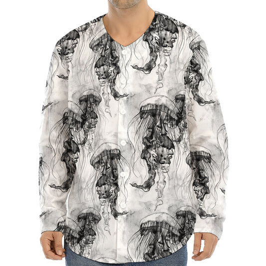 Black And White Jellyfish Pattern Print Long Sleeve Baseball Jersey