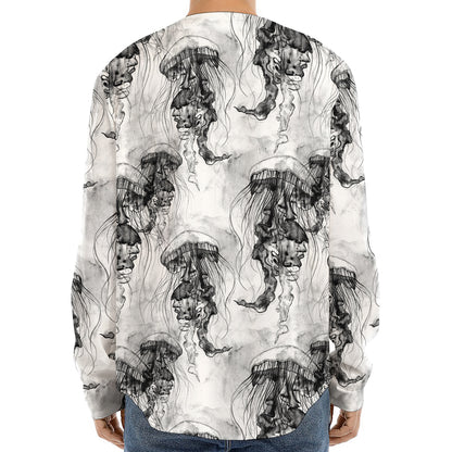Black And White Jellyfish Pattern Print Long Sleeve Baseball Jersey