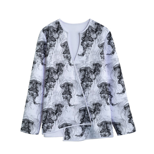 Black And White Jellyfish Pattern Print Long Sleeve Short Coat