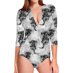 Black And White Jellyfish Pattern Print Long Sleeve Swimsuit