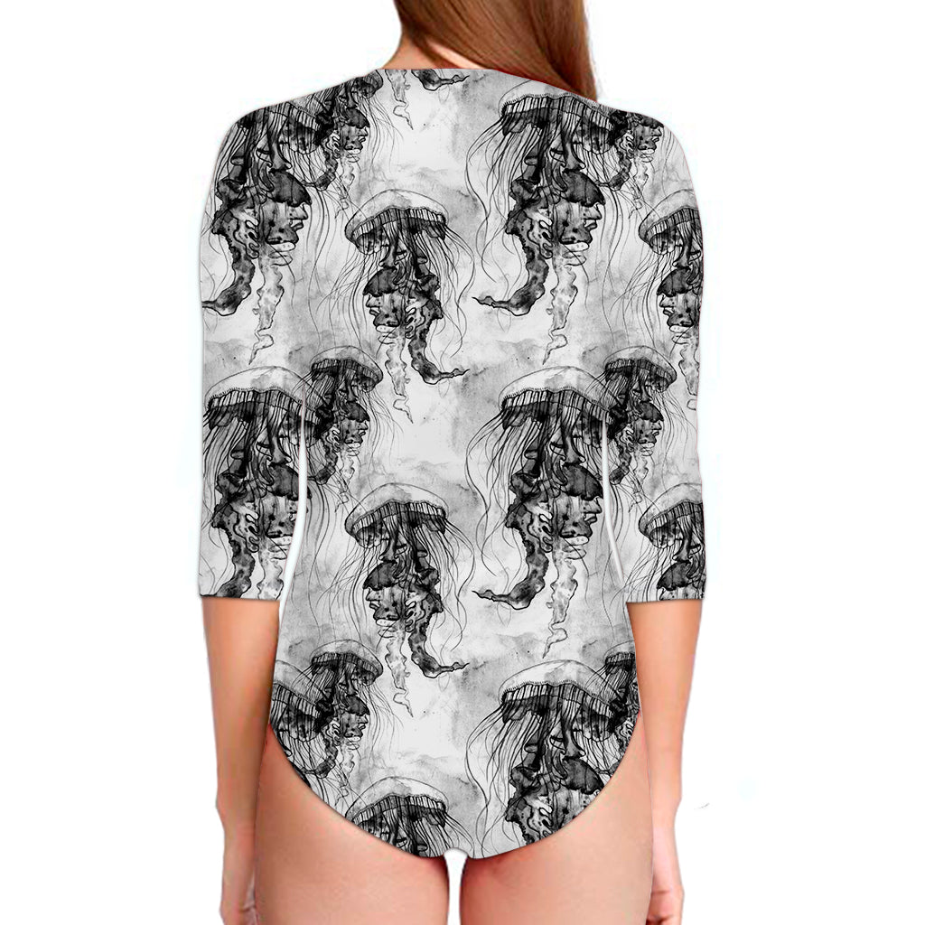 Black And White Jellyfish Pattern Print Long Sleeve Swimsuit