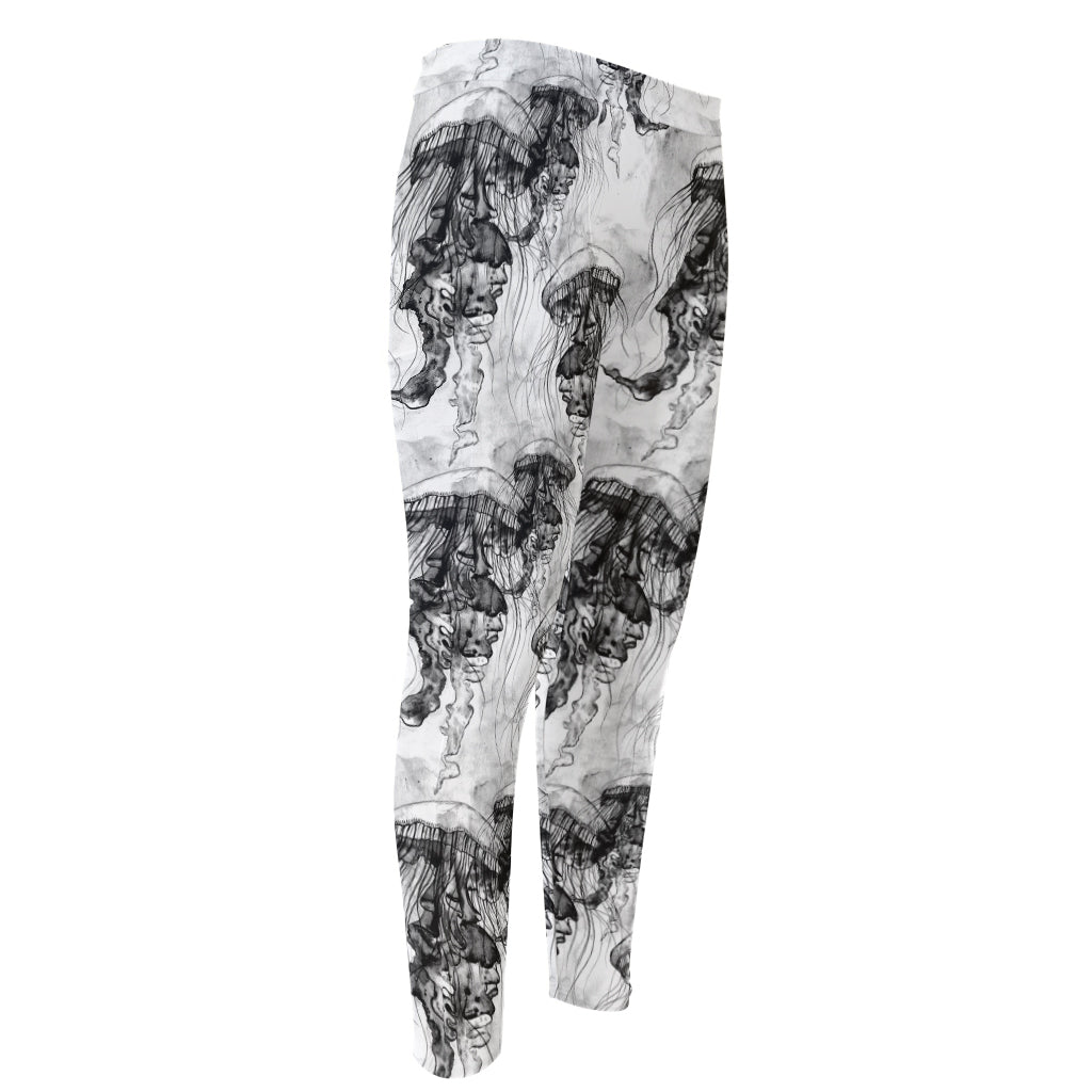 Black And White Jellyfish Pattern Print Men's Compression Pants