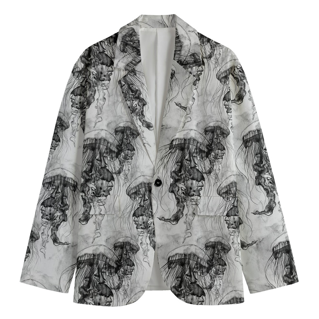 Black And White Jellyfish Pattern Print Men's Cotton Blazer