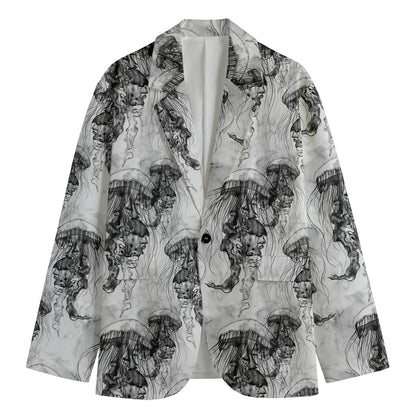 Black And White Jellyfish Pattern Print Men's Cotton Blazer