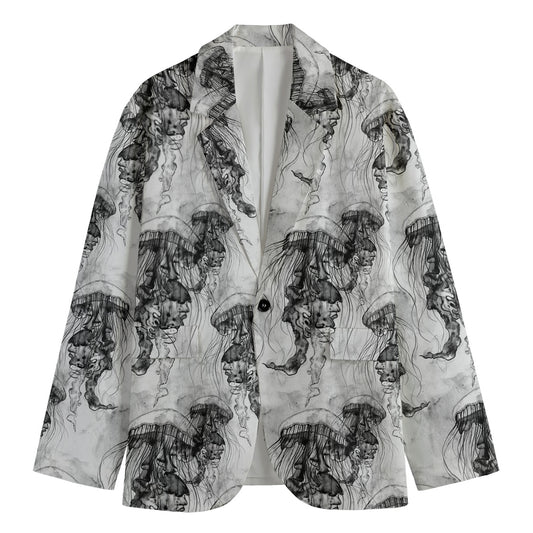 Black And White Jellyfish Pattern Print Men's Cotton Blazer